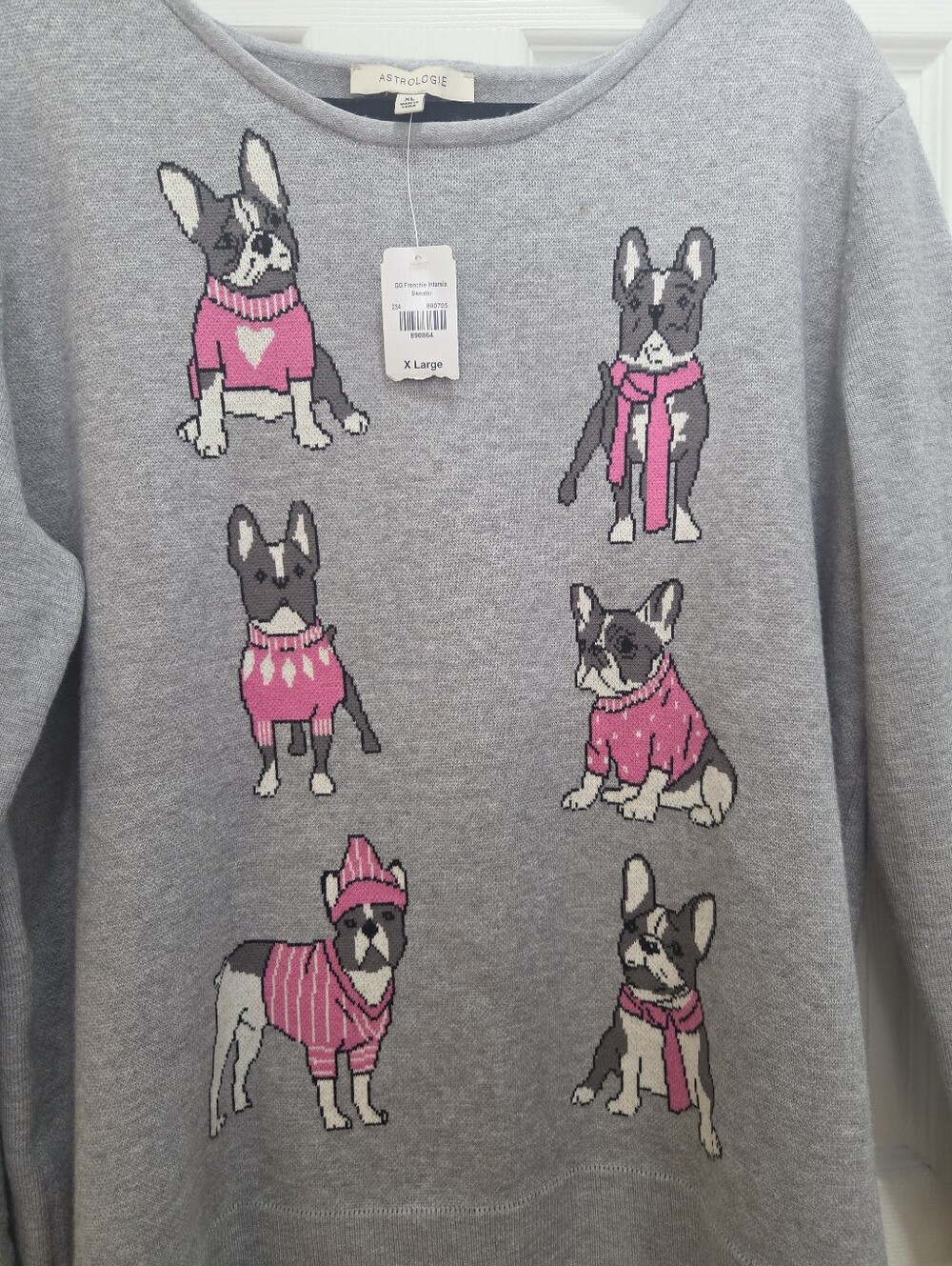 NEW Astrologie French Bulldog Sweater XL Gray Pink Dog Novelty Knit Pullover - Picture 3 of 6